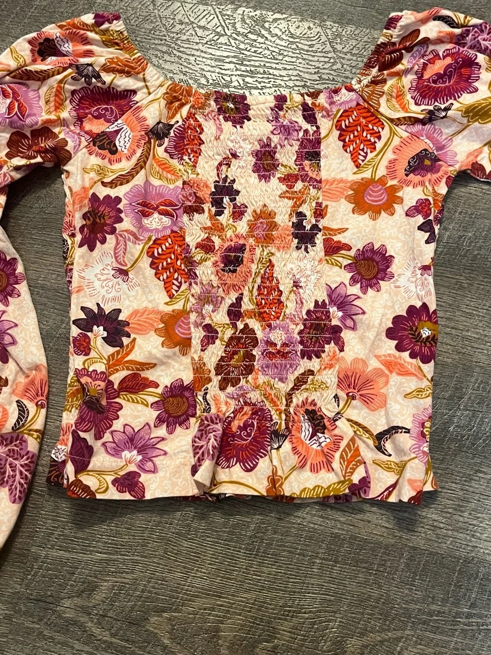 Old Navy Girl Pink Multi Floral Smocked Crop Long Sleeve Top